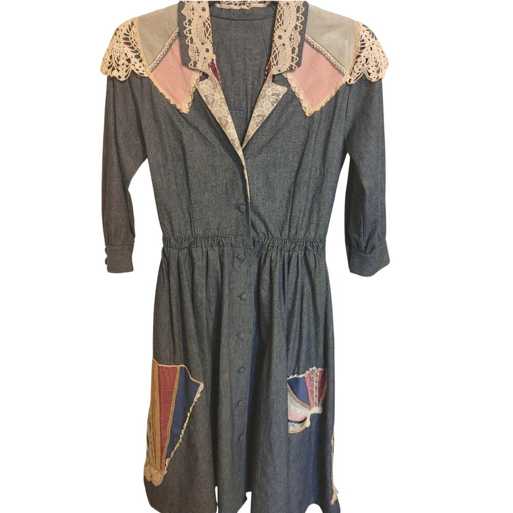 Vintage Homemade Dress Denim Cottage Patchwork Doily Small Medium?